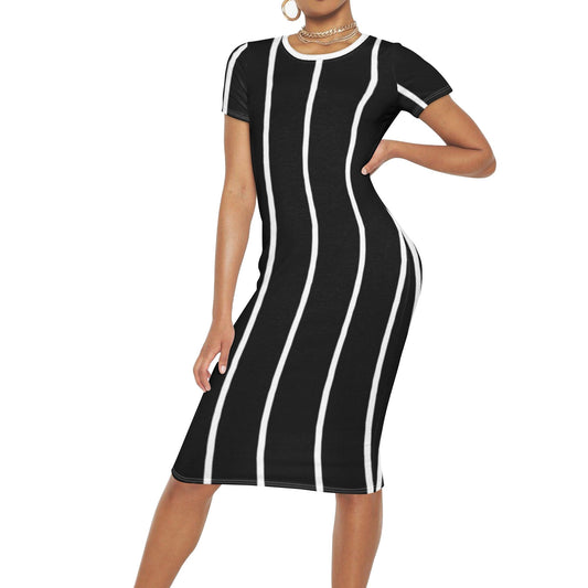 Black-white midi stripe womens casual dress